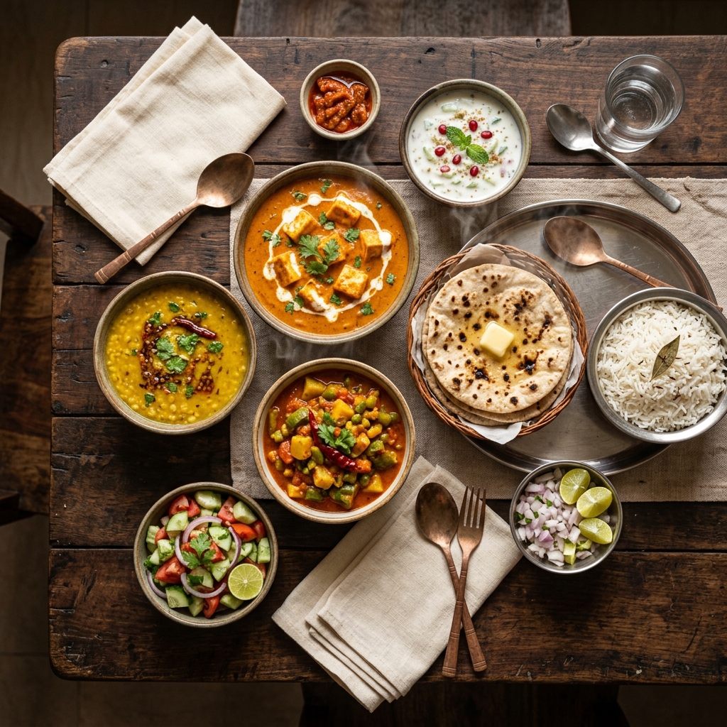 Complete daily tiffin meal spread with dal, sabzi, roti, rice, salad